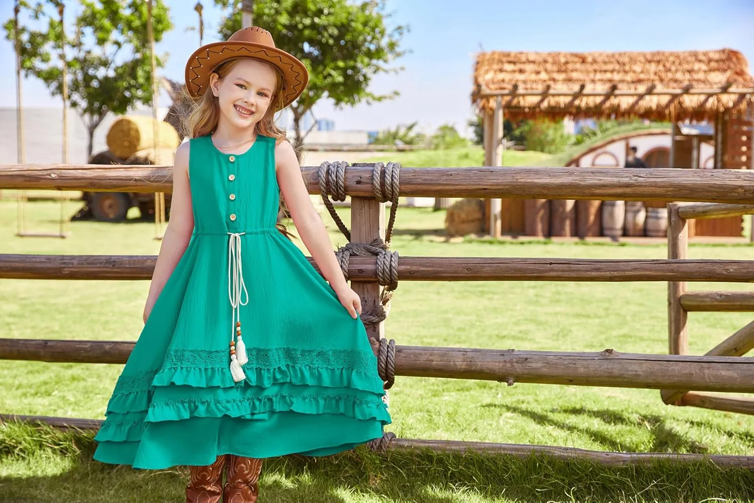 GRACE KARIN Girls Summer Dress Button Front Drastring Waist Sleeveless Long Party Boho Cute Kids Sundress Size 6-14
