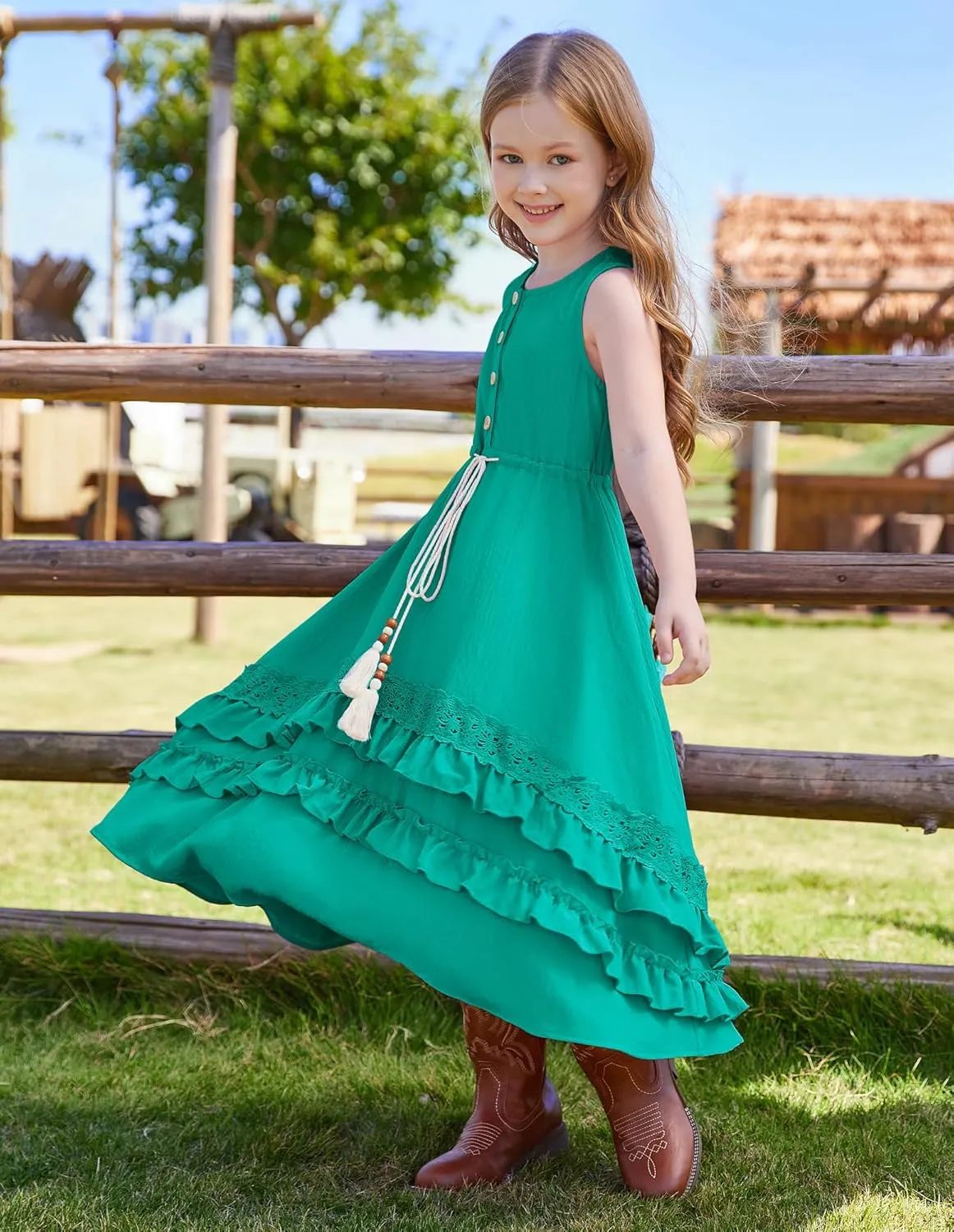 GRACE KARIN Girls Summer Dress Button Front Drastring Waist Sleeveless Long Party Boho Cute Kids Sundress Size 6-14
