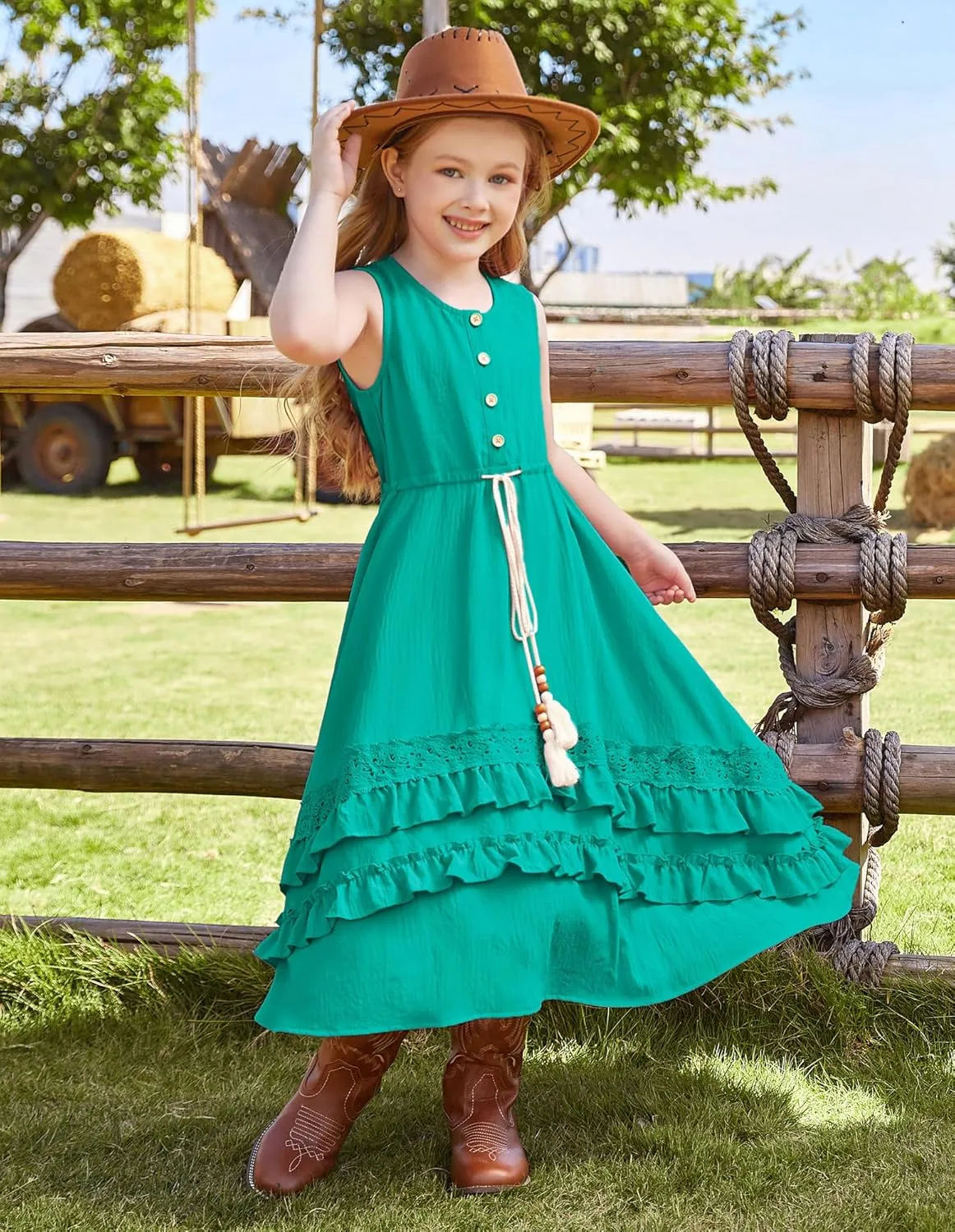 GRACE KARIN Girls Summer Dress Button Front Drastring Waist Sleeveless Long Party Boho Cute Kids Sundress Size 6-14