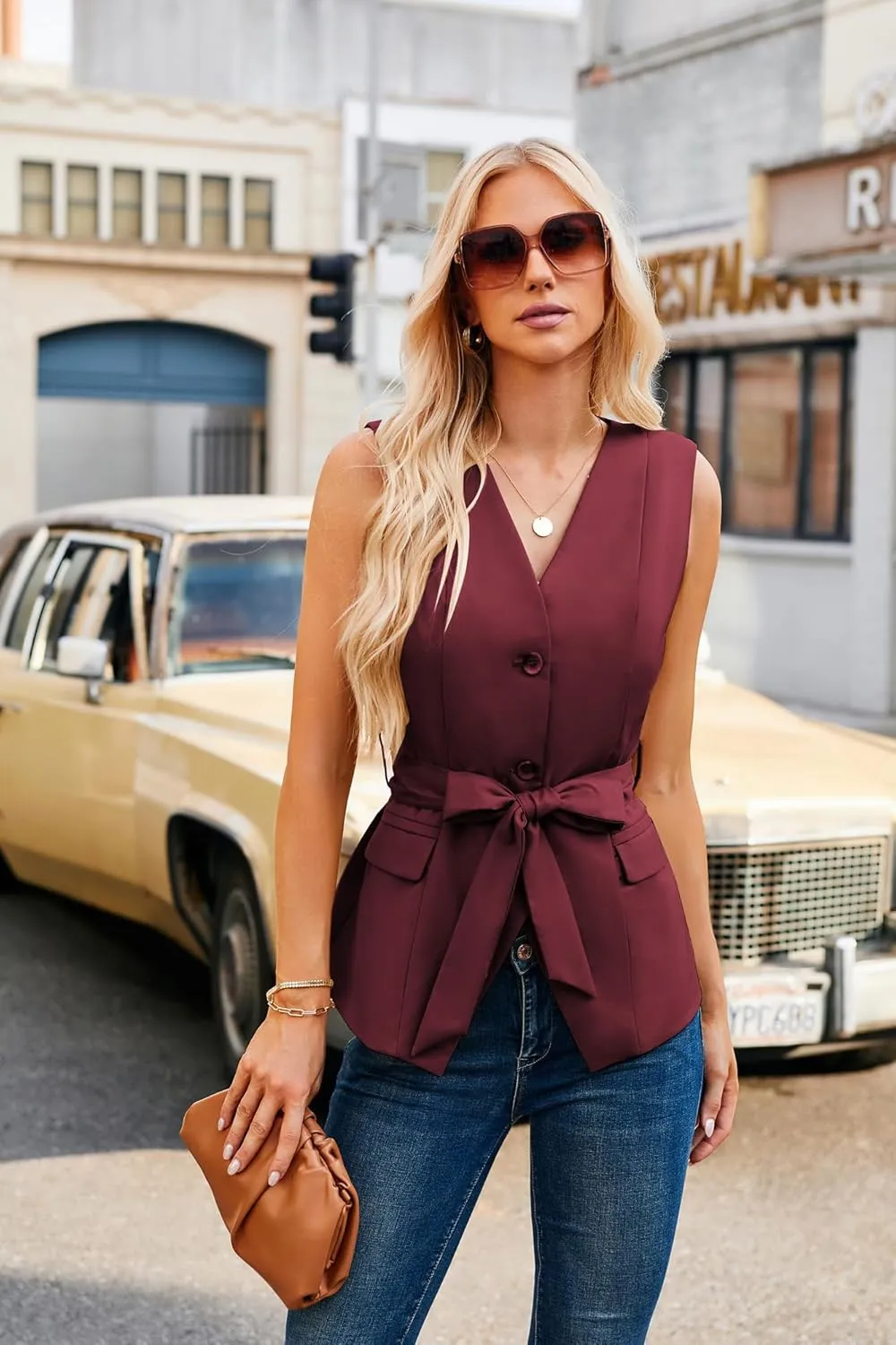 GRACE KARIN Women 2025 Button Down Sleeveless Vest Blazers Fully Lined Open Front Work Vest Tops Outwear Pocket