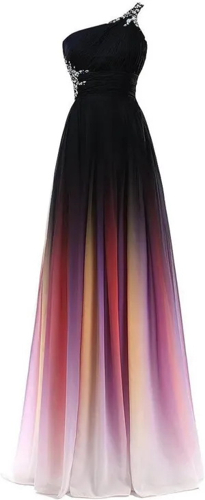 Gradient Ombre Chiffon Long Beaded A Line Formal Prom Evening Dresses