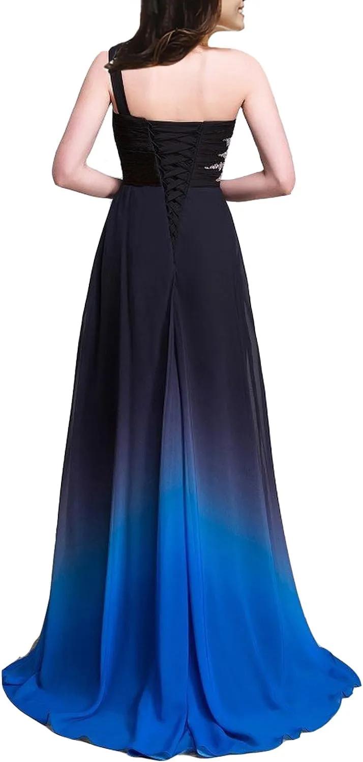 Gradient Ombre Chiffon Long Beaded A Line Formal Prom Evening Dresses