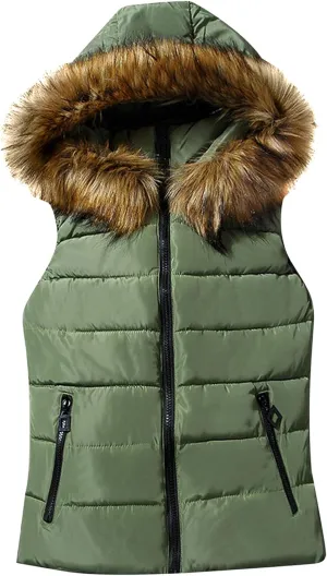 GRASWE Women's Sleeveless Warm Winter Outwear Vests Casual Cozy Qulited Hooded Vests Padded Slim Vests Coats