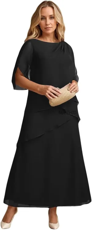 Half Sleeve Mother of The Bride Dresses for Women Ruffle Chiffon Formal Evening Gown for Wedding