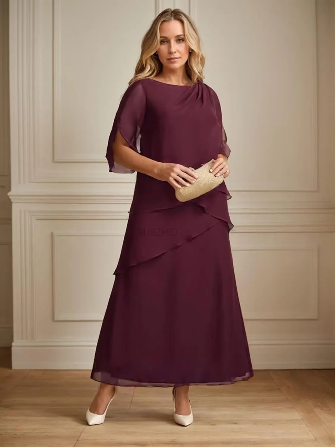 Half Sleeve Mother of The Bride Dresses for Women Ruffle Chiffon Formal Evening Gown for Wedding