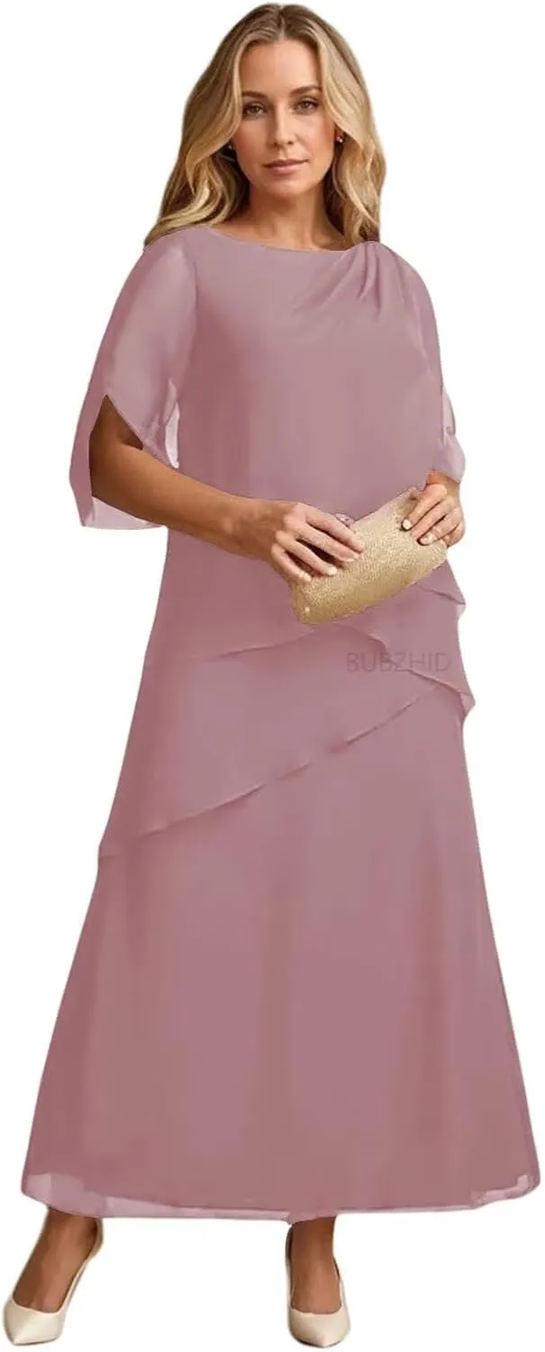 Half Sleeve Mother of The Bride Dresses for Women Ruffle Chiffon Formal Evening Gown for Wedding