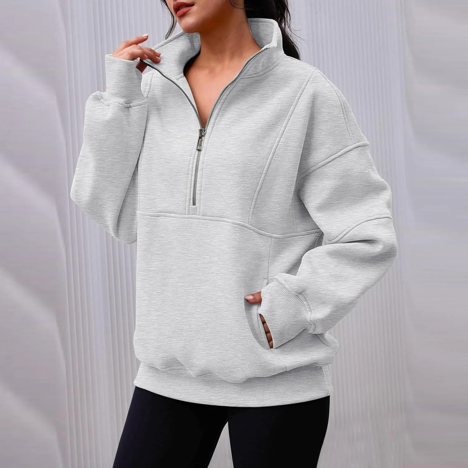 Half Zip Pullover Women Oversized Crewneck Sweatshirts with Pockets Loose Fit Thumb Hole Long Sleeve Sweaters