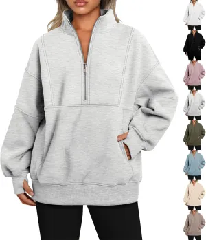 Half Zip Pullover Women Oversized Crewneck Sweatshirts with Pockets Loose Fit Thumb Hole Long Sleeve Sweaters