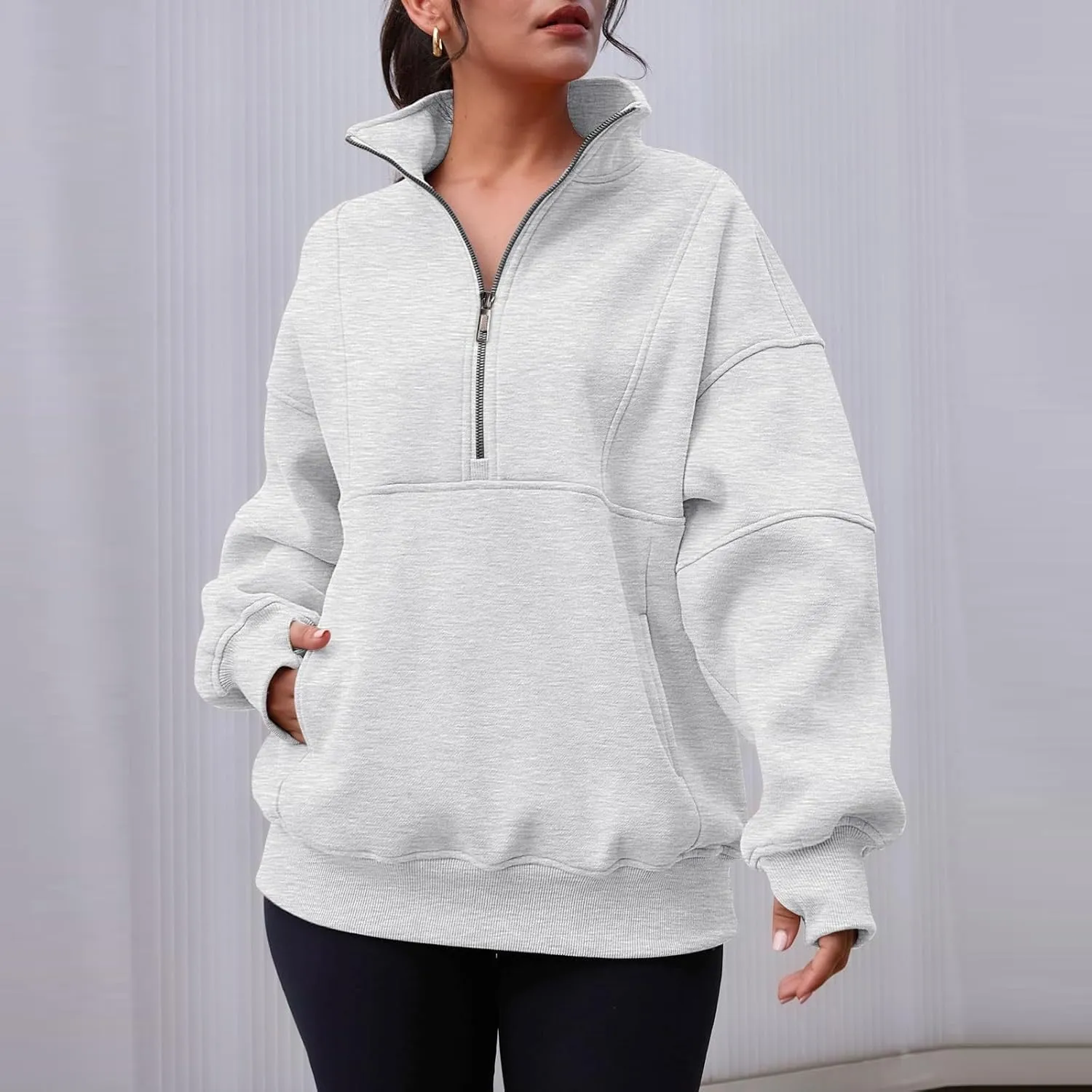 Half Zip Pullover Women Oversized Crewneck Sweatshirts with Pockets Loose Fit Thumb Hole Long Sleeve Sweaters