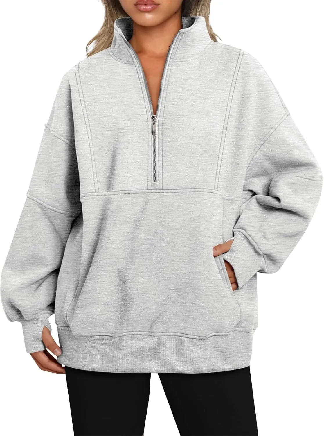 Half Zip Pullover Women Oversized Crewneck Sweatshirts with Pockets Loose Fit Thumb Hole Long Sleeve Sweaters