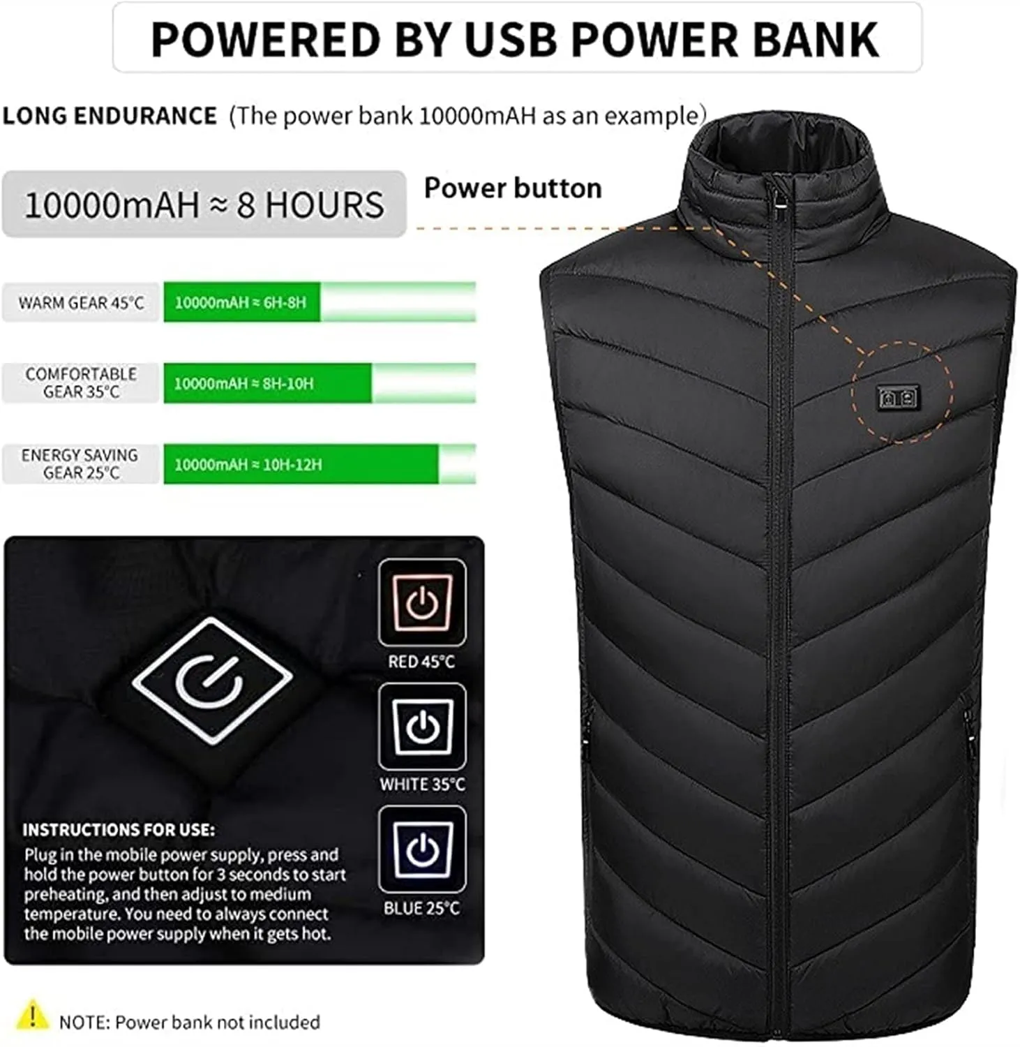 Heated Vest USB Electric Heated Vest Heating Jacket Winter Vests for Outdoor Motorcycle Camping Fishing Skiing