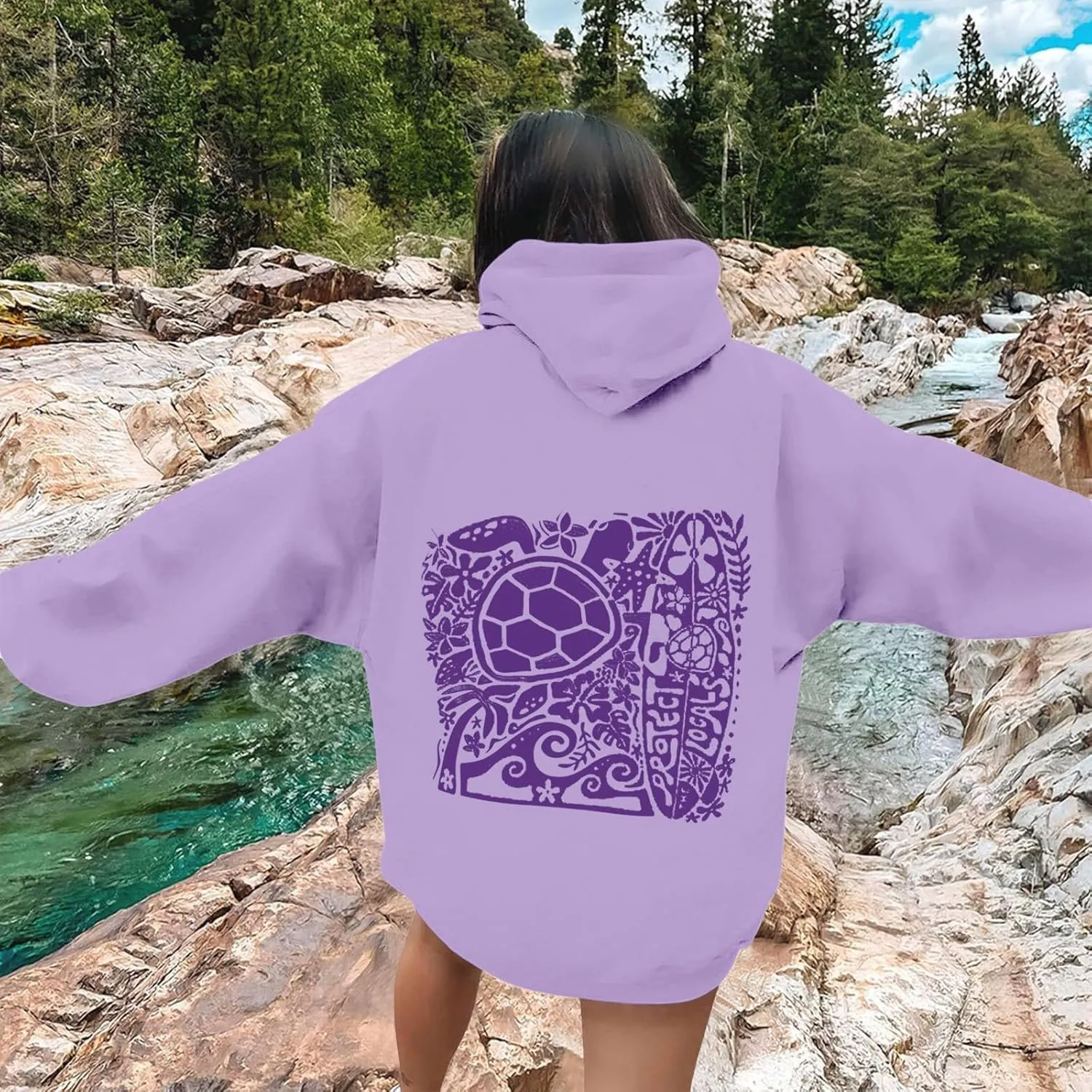 Heevina Pink Palm Puff Hoodie Women Turtle Starfish Surfboard Floral Top Hooded Sweatshirt