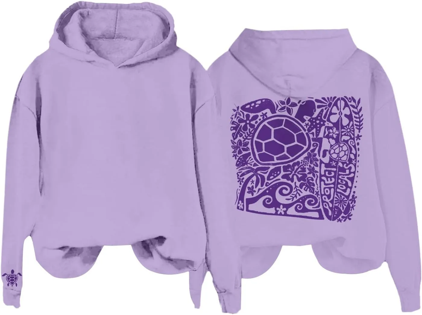 Heevina Pink Palm Puff Hoodie Women Turtle Starfish Surfboard Floral Top Hooded Sweatshirt