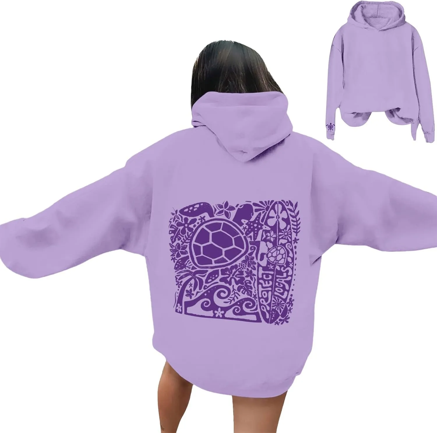Heevina Pink Palm Puff Hoodie Women Turtle Starfish Surfboard Floral Top Hooded Sweatshirt