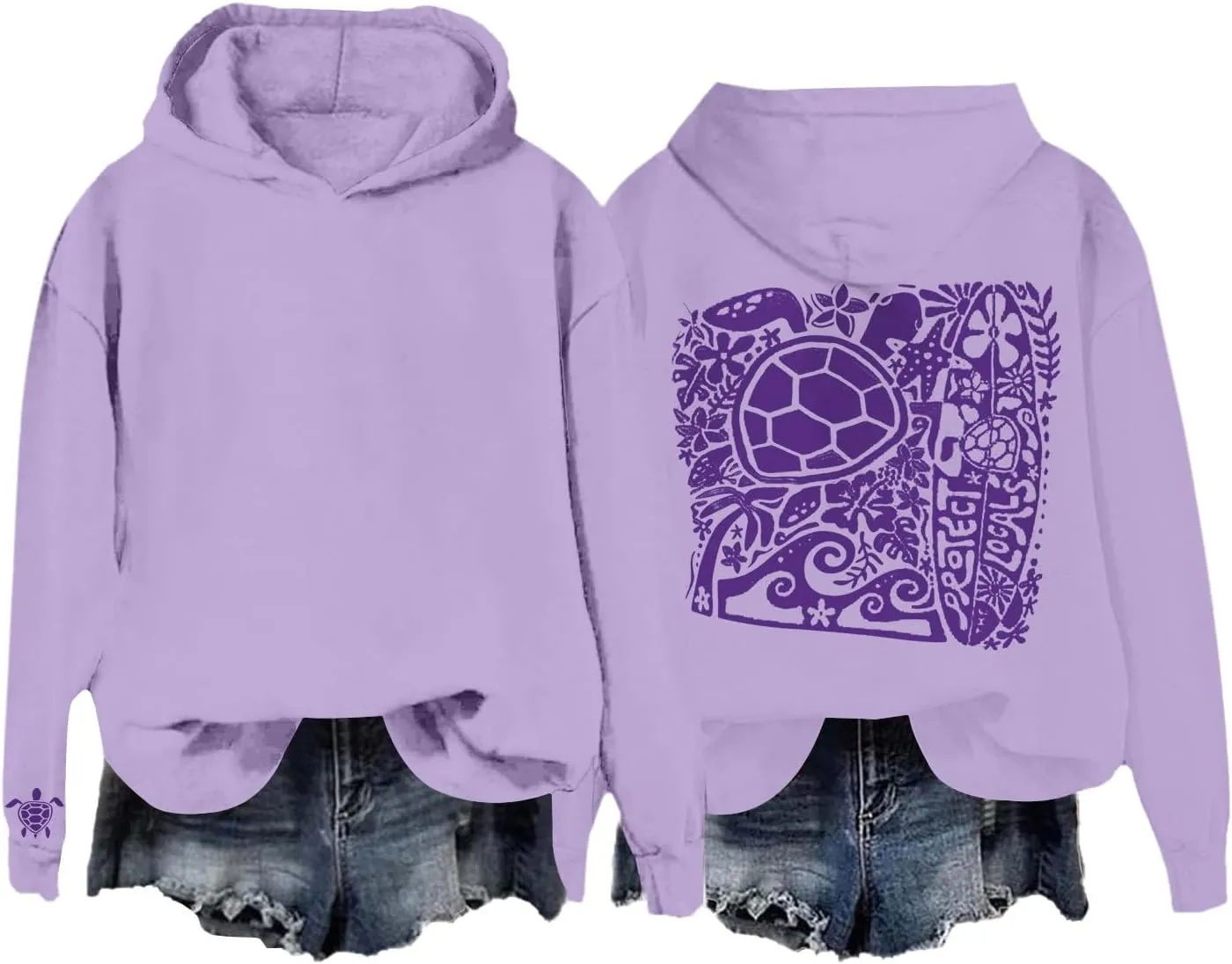 Heevina Pink Palm Puff Hoodie Women Turtle Starfish Surfboard Floral Top Hooded Sweatshirt