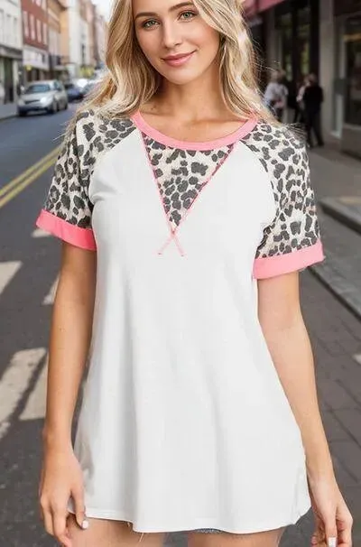 HeimishFull Size Leopard Round Neck Short Sleeve T-Shirt with Stitch Plus Size