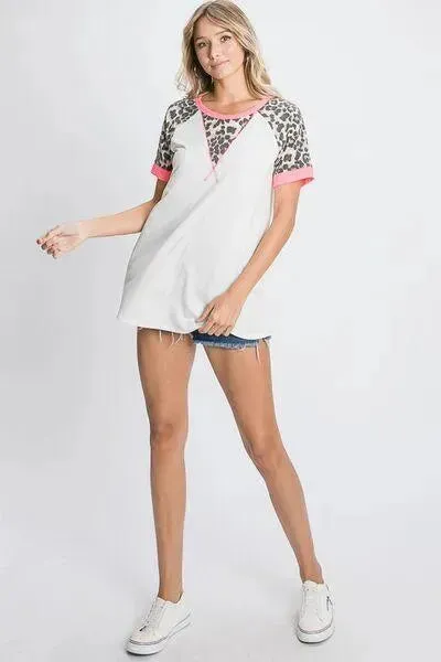 HeimishFull Size Leopard Round Neck Short Sleeve T-Shirt with Stitch Plus Size