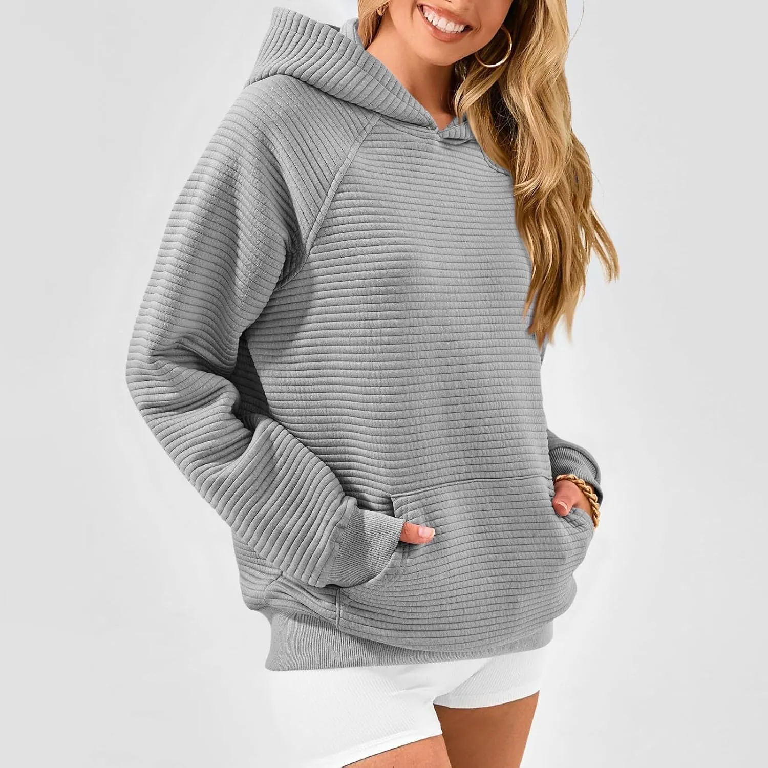 Hoodies for Women Loose Fleece Raglan Long Sleeve Hooded Sweatshirts Casual Comfy Jacquard Pullover with Pockets