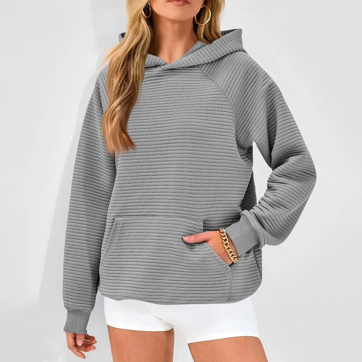 Hoodies for Women Loose Fleece Raglan Long Sleeve Hooded Sweatshirts Casual Comfy Jacquard Pullover with Pockets