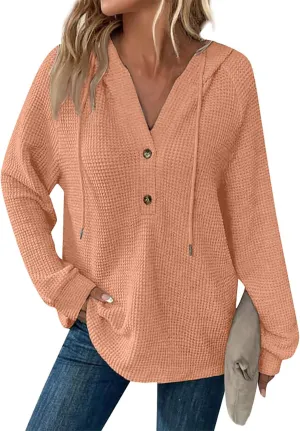 Hoodies for Women Waffle Knit Button V Neck Oversized Sweatshirt Fall Long Sleeve Drawstring Hooded Pullover Sweater