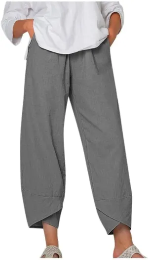 HOTYD Cotton Linen Pants Casual Summer Capri Pants for Women Baggy Elastic Waisted Yoga Trousers Wide Leg Cropped Pants
