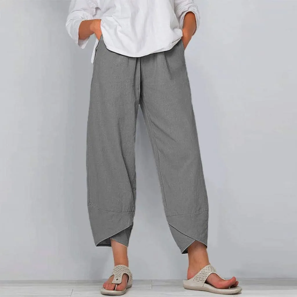 HOTYD Cotton Linen Pants Casual Summer Capri Pants for Women Baggy Elastic Waisted Yoga Trousers Wide Leg Cropped Pants