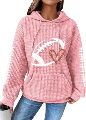 HOTYD Women Waffle Knit Hoodies Drawstring Football Graphic Game Day Sweatshirts Casual Long Sleeve Fashion Y2K Pullover