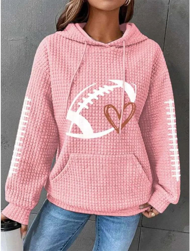 HOTYD Women Waffle Knit Hoodies Drawstring Football Graphic Game Day Sweatshirts Casual Long Sleeve Fashion Y2K Pullover