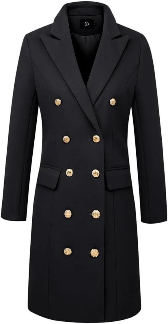 IDEALSANXUN Womens Fall Winter Wool Coats Double Breasted Midi Peacoat Trench Coats