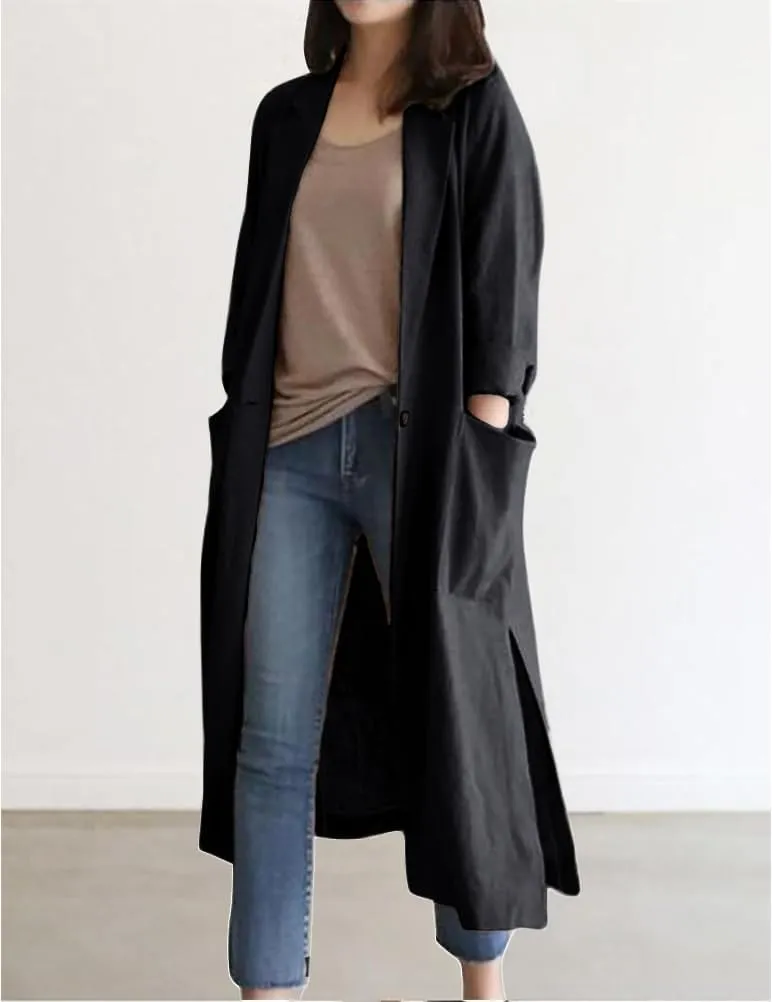 IDEALSANXUN Womens Long Cotton Linen Blazer Casual Spring Jackets Trench Coat
