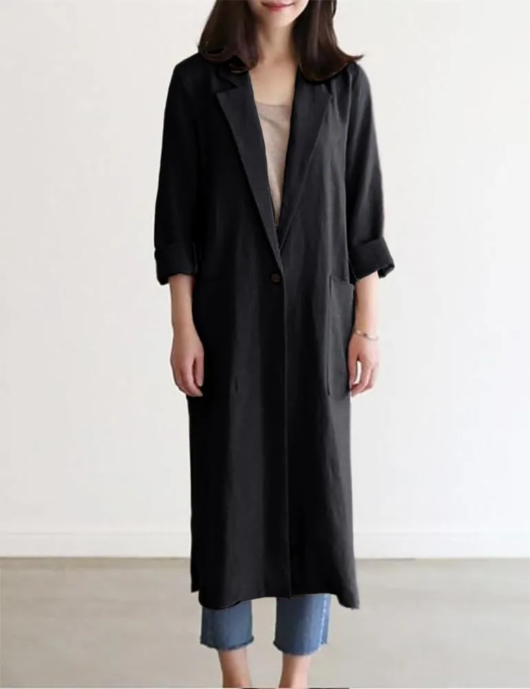 IDEALSANXUN Womens Long Cotton Linen Blazer Casual Spring Jackets Trench Coat