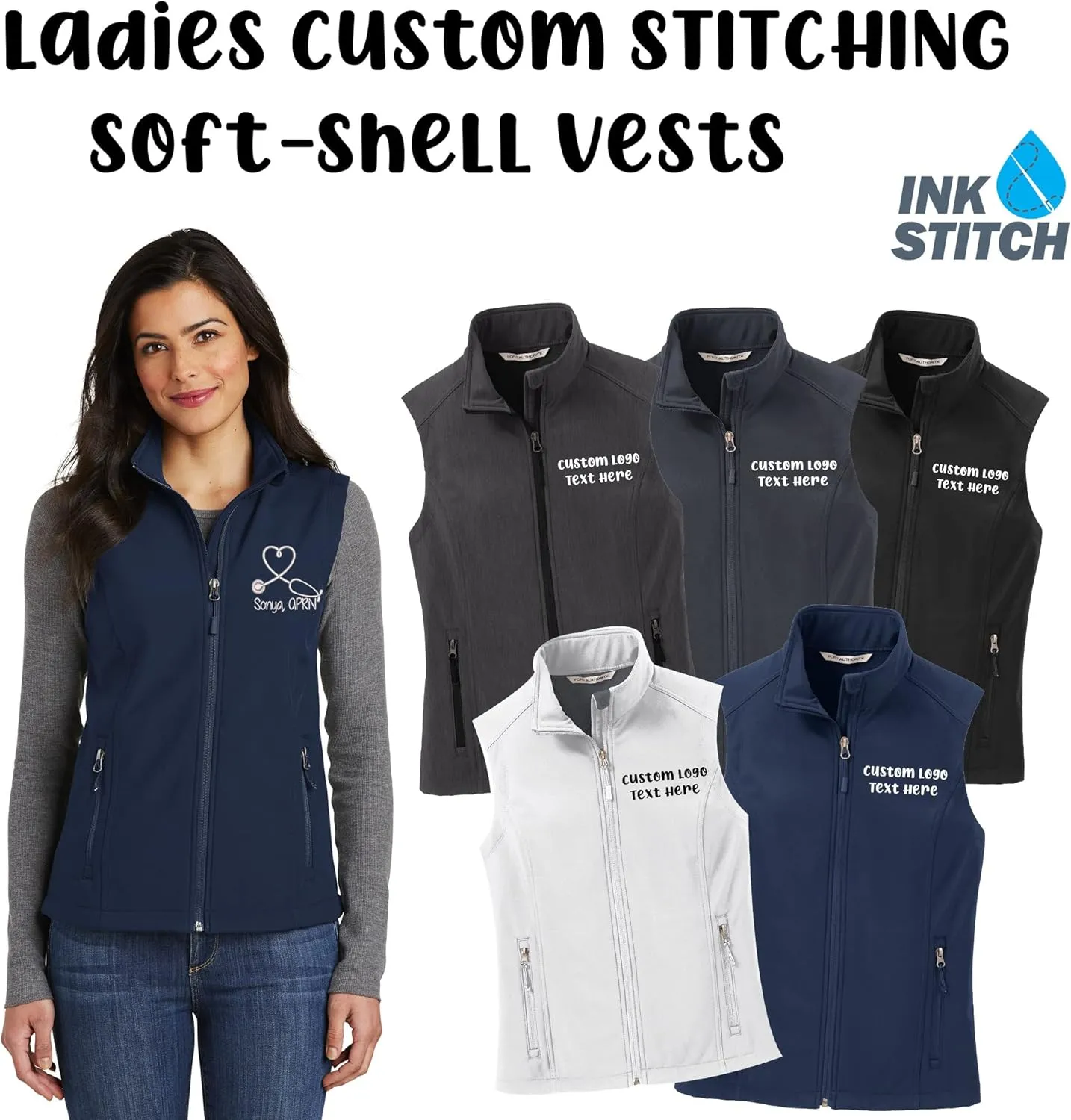 INK STITCH Ladies Custom Embroidery Design Your Own Logo Text Soft Shell Vests
