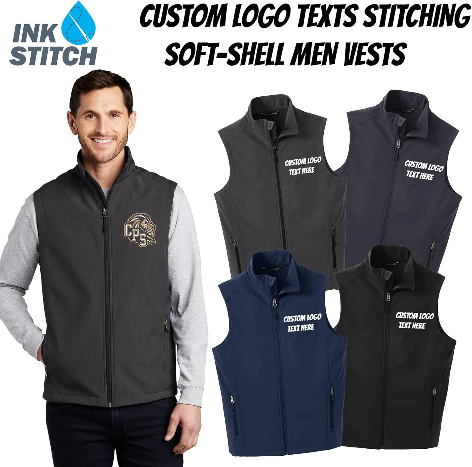 INK STITCH Men Custom Embroidery Design Your Own Logo Text Soft Shell Vests