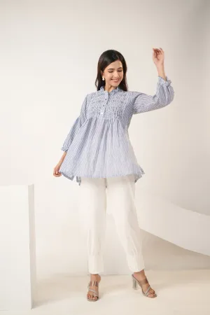 Jacki Blue Cotton Pintucks Detailing Stripes Shirt Only