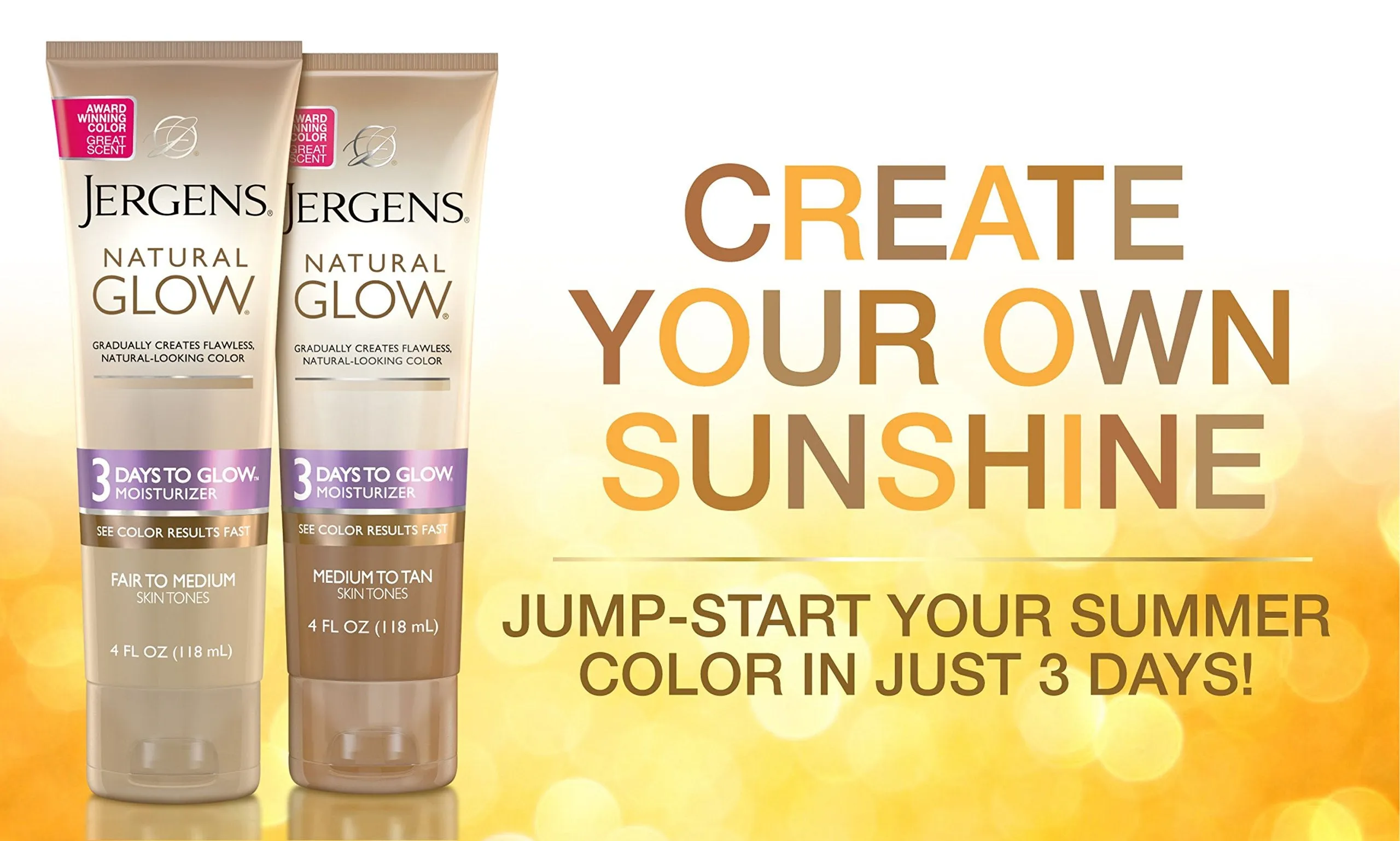 Jergens Natural Glow 3-Day Sunless Tanning Lotion, Self Tanner, Fair to Medium Skin Tone, Sunless Tanning Daily Moisturizer, for Streak-free Color, 4 Ounce