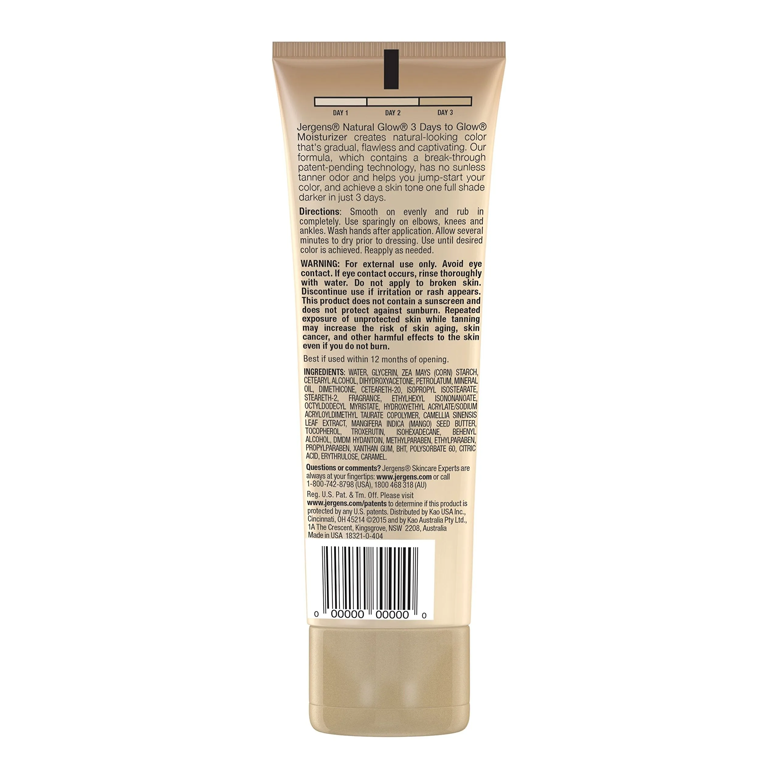 Jergens Natural Glow 3-Day Sunless Tanning Lotion, Self Tanner, Fair to Medium Skin Tone, Sunless Tanning Daily Moisturizer, for Streak-free Color, 4 Ounce