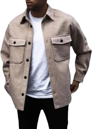 JEsilunmaMY Men's Button Up Woolen Jacket Lapel Long Sleeve Fall Winter Pea Trench Coats Casual Loose Windbreaker with Pocket