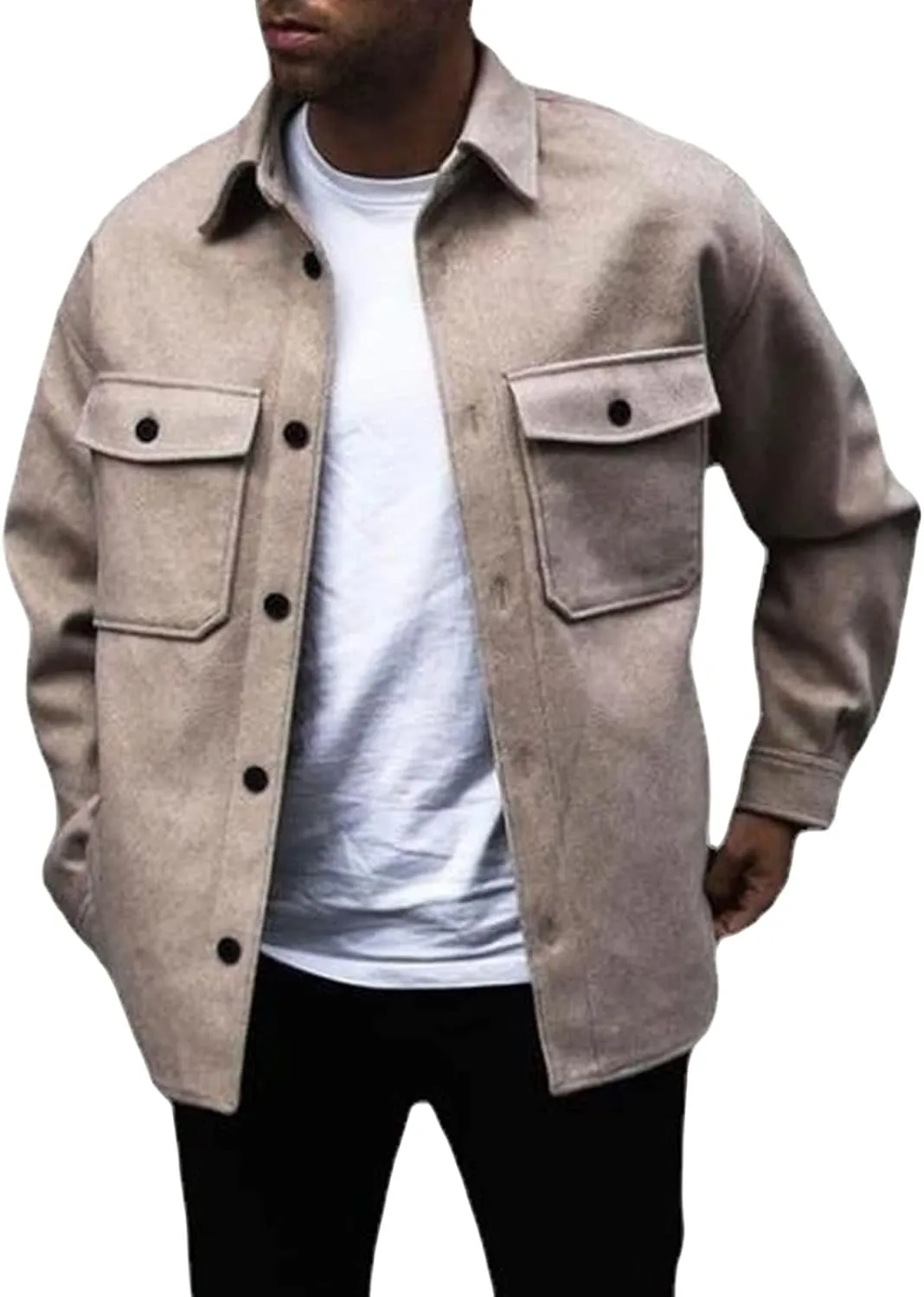 JEsilunmaMY Men's Button Up Woolen Jacket Lapel Long Sleeve Fall Winter Pea Trench Coats Casual Loose Windbreaker with Pocket