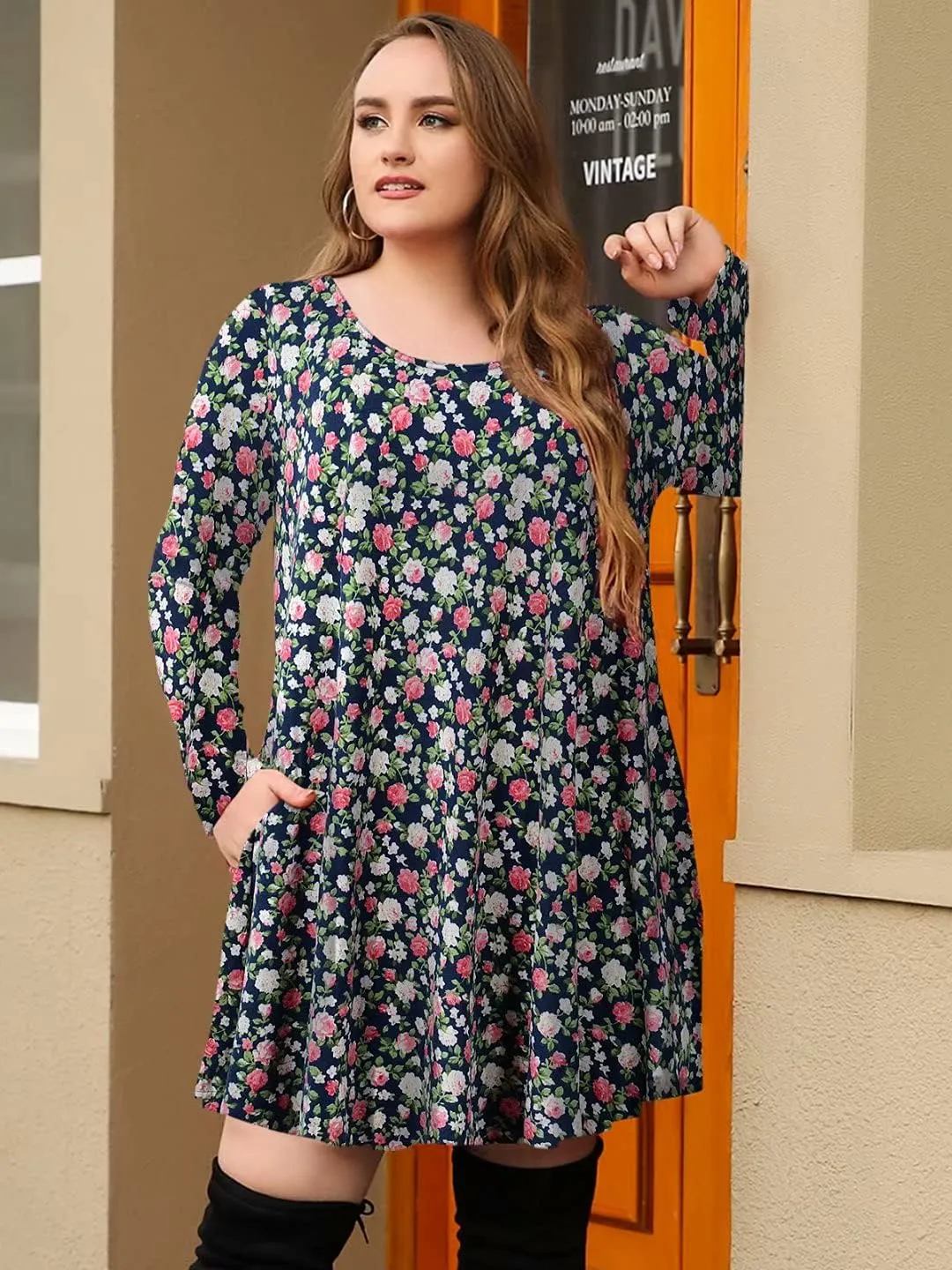 JollieLovin Women Long Sleeve Dress with Pockets Plus Size Swing Casual Loose Tshirt Dresses