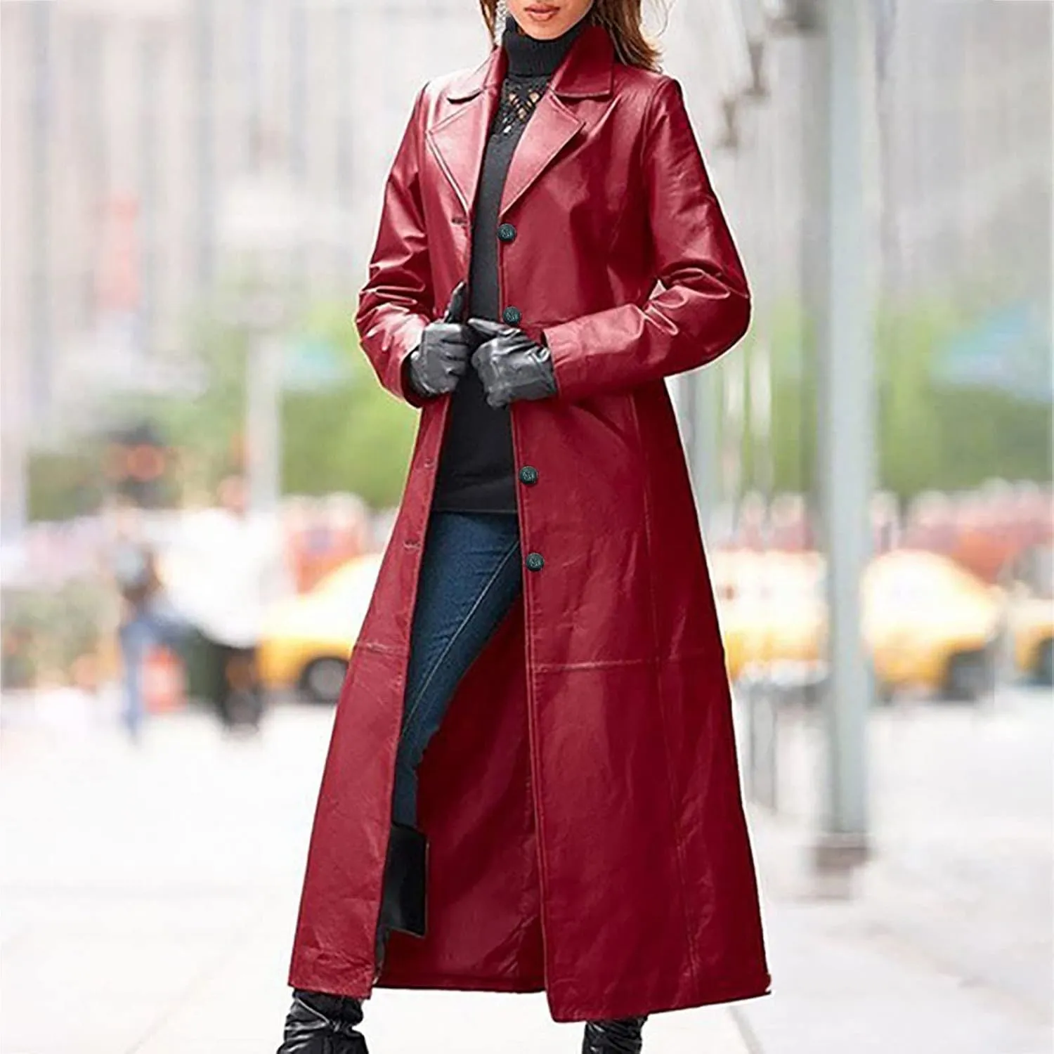 jsaierl Women's Black Leather Trench Coat, 60'S Overcoat, Ankle Length Long Coat, Single Breasted Lapel Jackets Coat Outwear