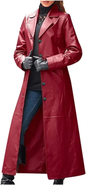 jsaierl Women's Black Leather Trench Coat, 60'S Overcoat, Ankle Length Long Coat, Single Breasted Lapel Jackets Coat Outwear