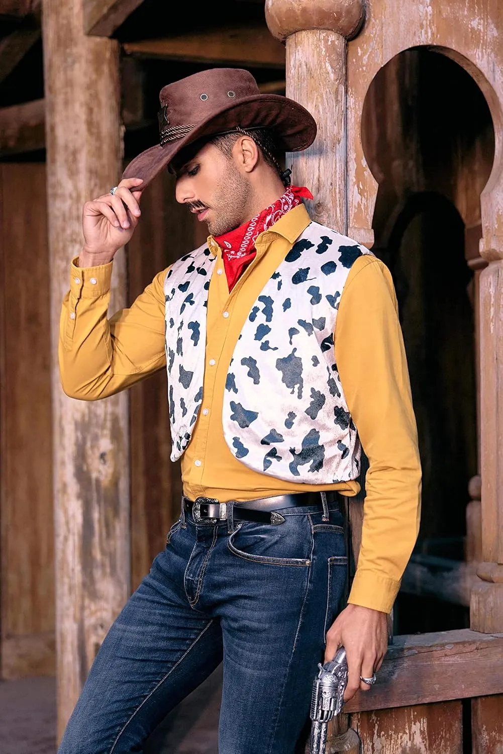 Karlywindow Mens Cow Print Vest Open Front Festival Vintage Hippie Halloween Costumes Outfit Vests