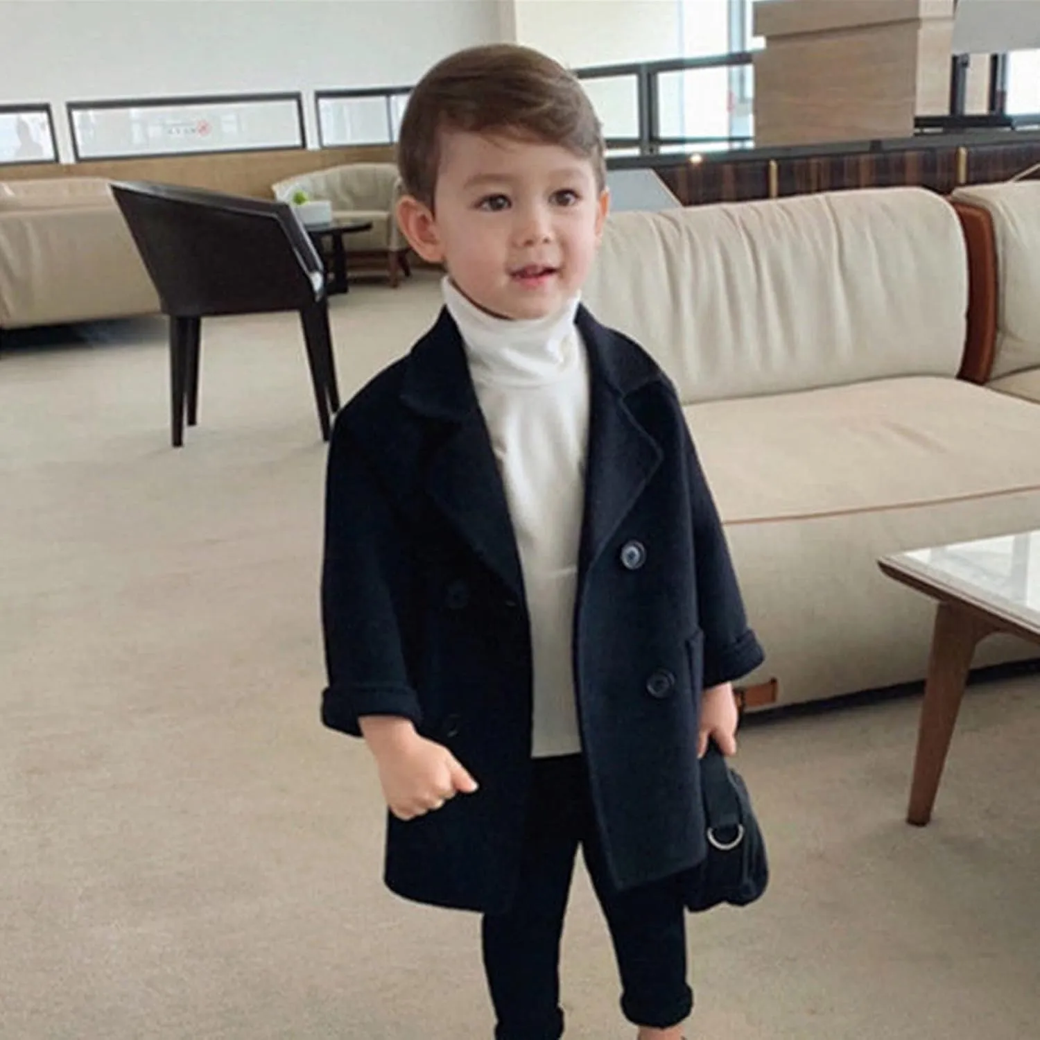 Kids Trench Coat for Toddler Boy Girls Woolden Overcoat Winter Dress Peacoat Double Breasted Wool Coat 1-5 Years