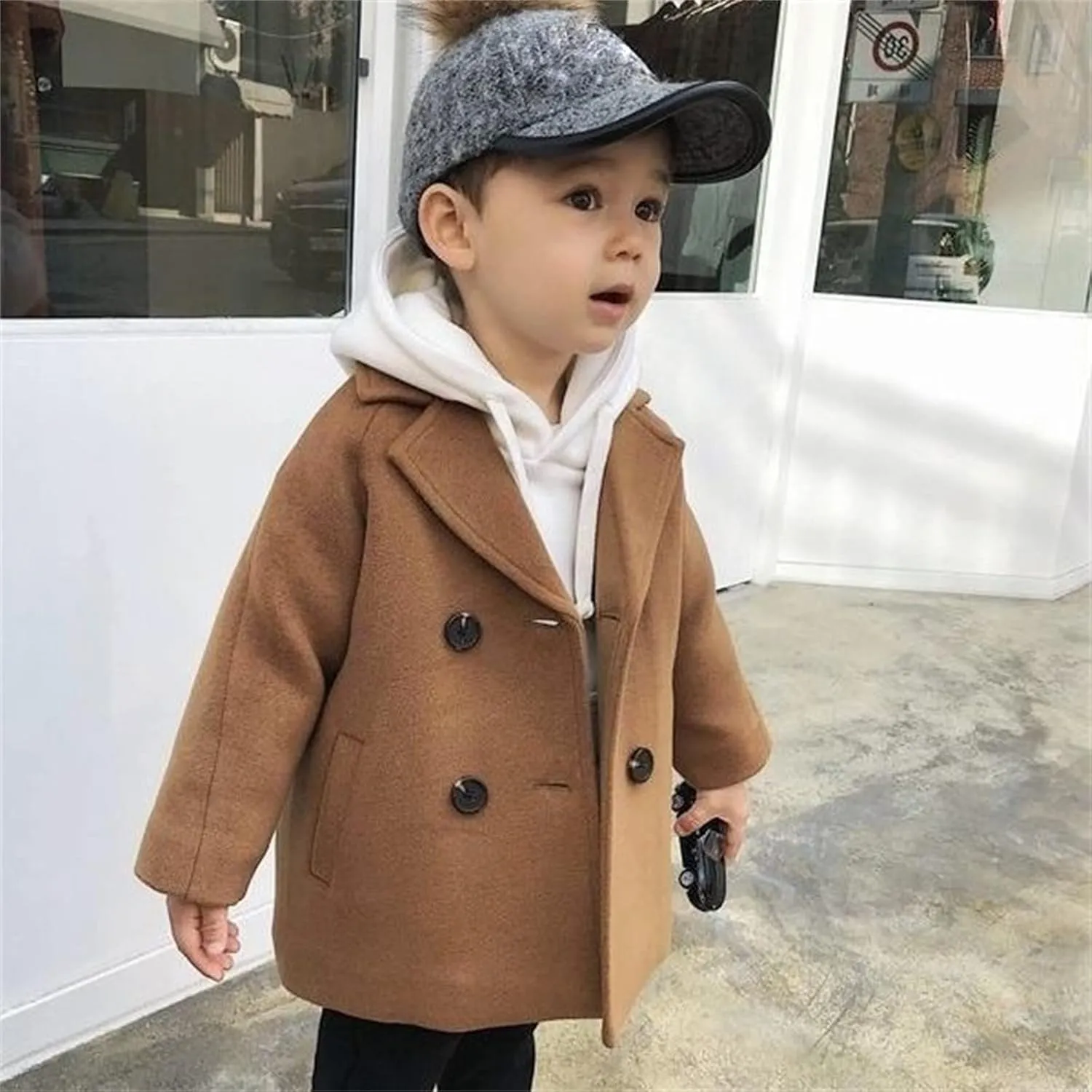 Kids Trench Coat for Toddler Boy Girls Woolden Overcoat Winter Dress Peacoat Double Breasted Wool Coat 1-5 Years