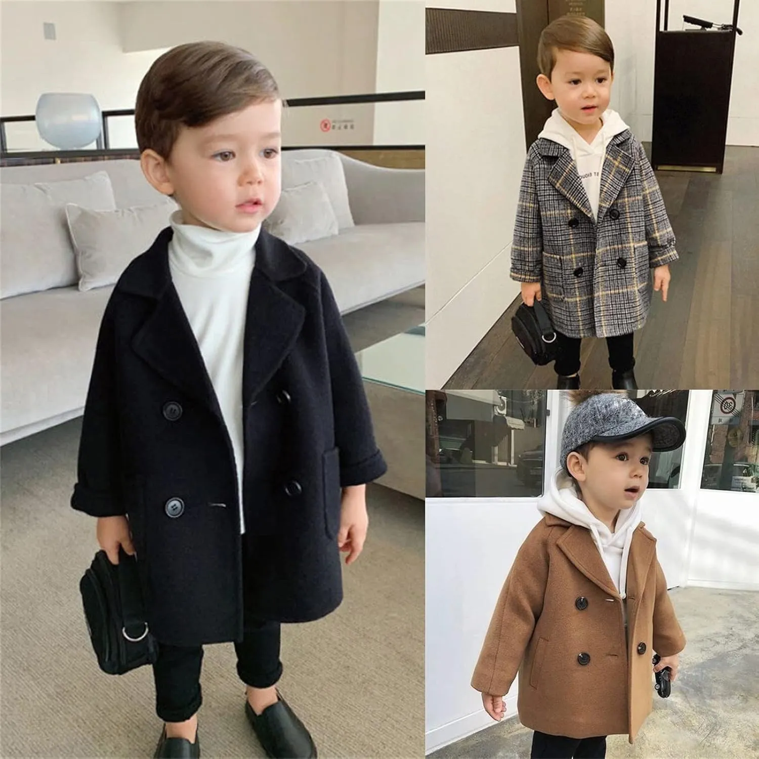 Kids Trench Coat for Toddler Boy Girls Woolden Overcoat Winter Dress Peacoat Double Breasted Wool Coat 1-5 Years
