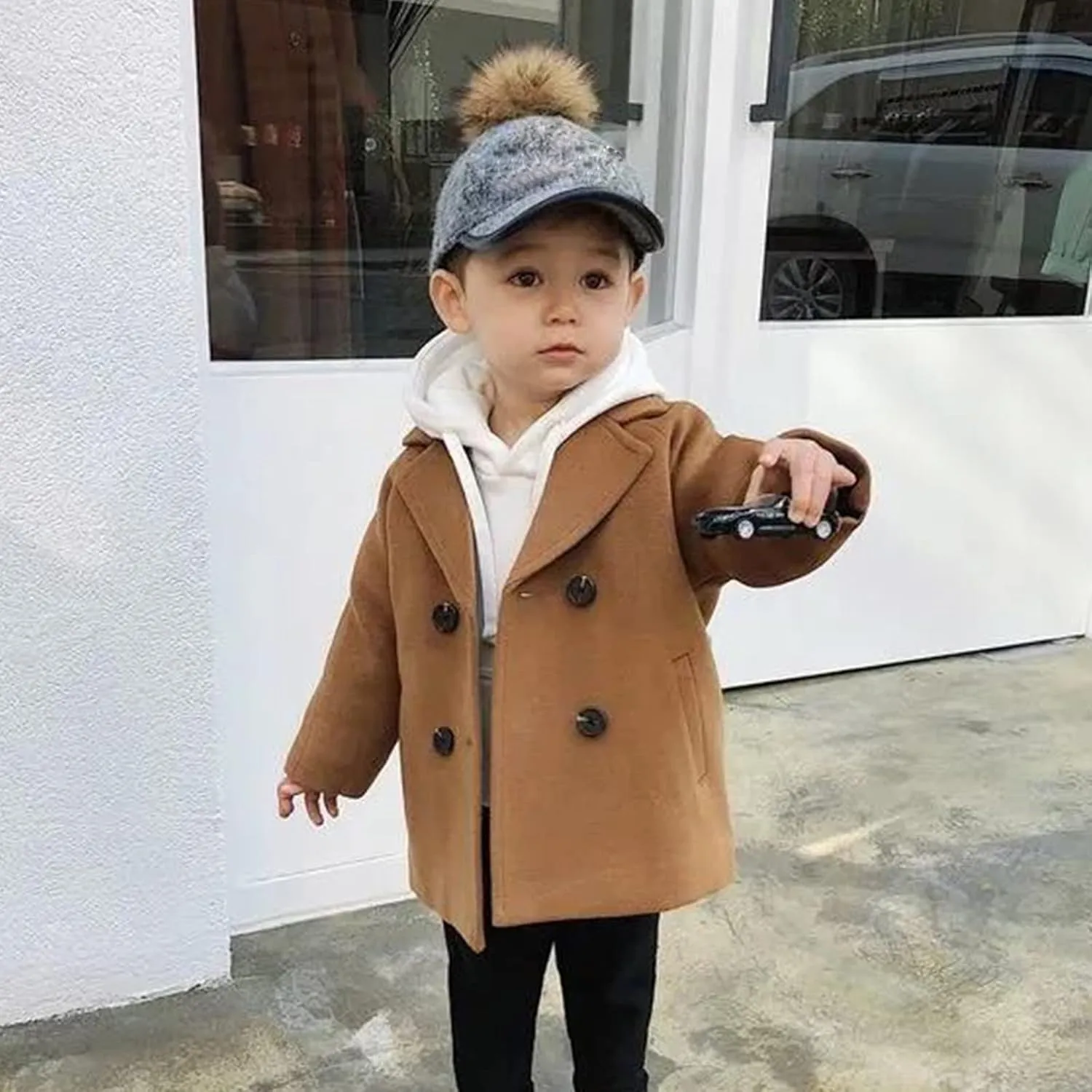 Kids Trench Coat for Toddler Boy Girls Woolden Overcoat Winter Dress Peacoat Double Breasted Wool Coat 1-5 Years