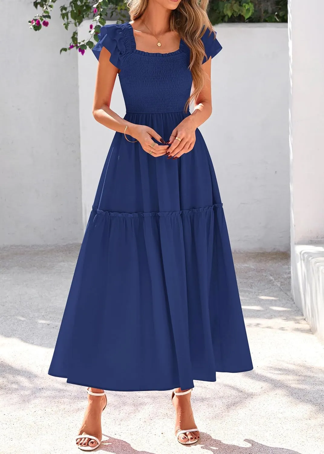 KIRUNDO Womens Summer Wedding Guest Dress 2025 Smocked Ruffle Flutter Short Sleeve Square Neck Flowy Tiered Midi Sundress