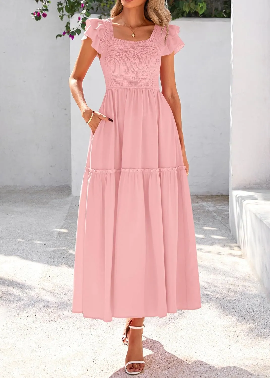KIRUNDO Womens Summer Wedding Guest Dress 2025 Smocked Ruffle Flutter Short Sleeve Square Neck Flowy Tiered Midi Sundress