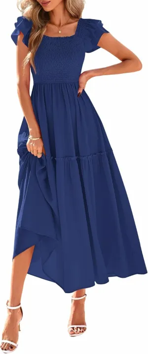 KIRUNDO Womens Summer Wedding Guest Dress 2025 Smocked Ruffle Flutter Short Sleeve Square Neck Flowy Tiered Midi Sundress