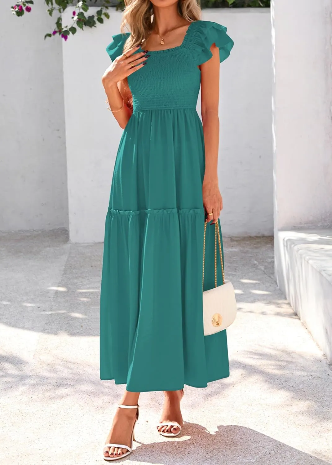 KIRUNDO Womens Summer Wedding Guest Dress 2025 Smocked Ruffle Flutter Short Sleeve Square Neck Flowy Tiered Midi Sundress